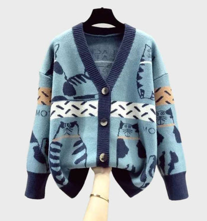 Women's Chic Kitten Print Knit Cardigan with Buttons | Ideal for Winter