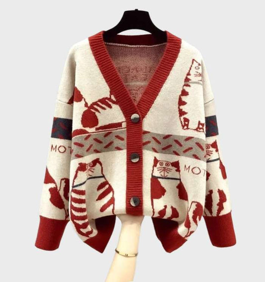 Women's Chic Kitten Print Knit Cardigan with Buttons | Ideal for Winter