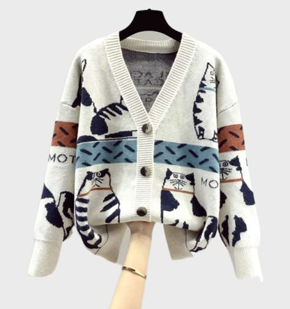 Women's Chic Kitten Print Knit Cardigan with Buttons | Ideal for Winter
