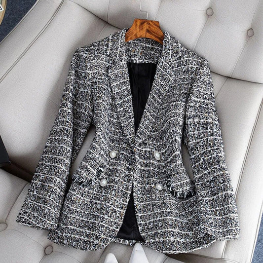 Women's Trendy Tweed Notche Lapel Blazer with Button | Perfect for Casual Days