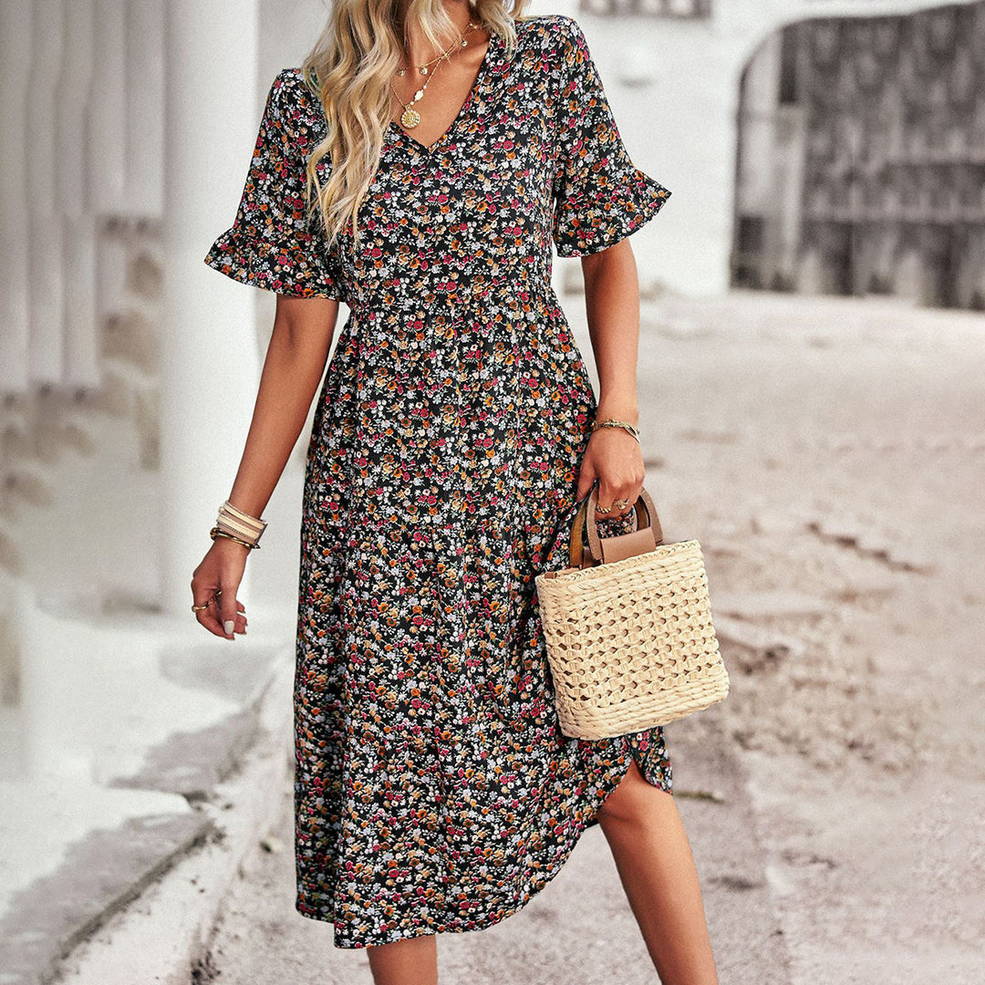 Women's Bohemian Lightweight Midi Dress with Flutter Sleeves and Floral Design