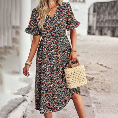 Women's Bohemian Lightweight Midi Dress with Flutter Sleeves and Floral Design