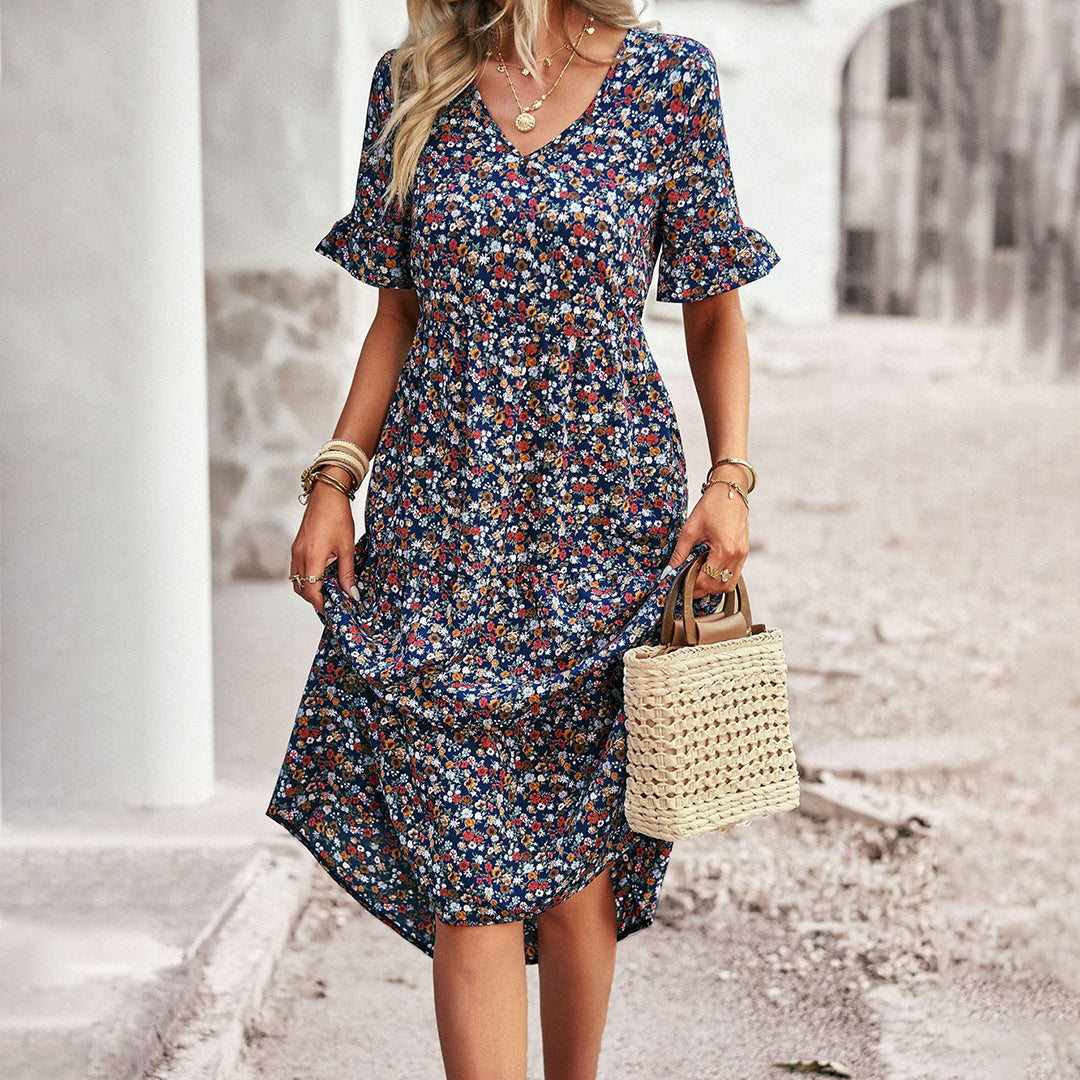 Women's Bohemian Lightweight Midi Dress with Flutter Sleeves and Floral Design