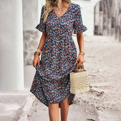 Women's Bohemian Lightweight Midi Dress with Flutter Sleeves and Floral Design