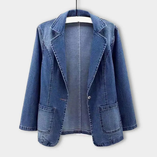 Women's Vintage blue denim blazer with pockets and button | Perfect for Casual Days