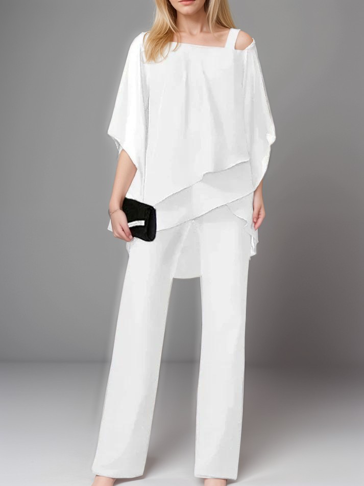 Women's Elegant Silk Pajama Set with Asymmetrical Top and Wide-Leg Pants