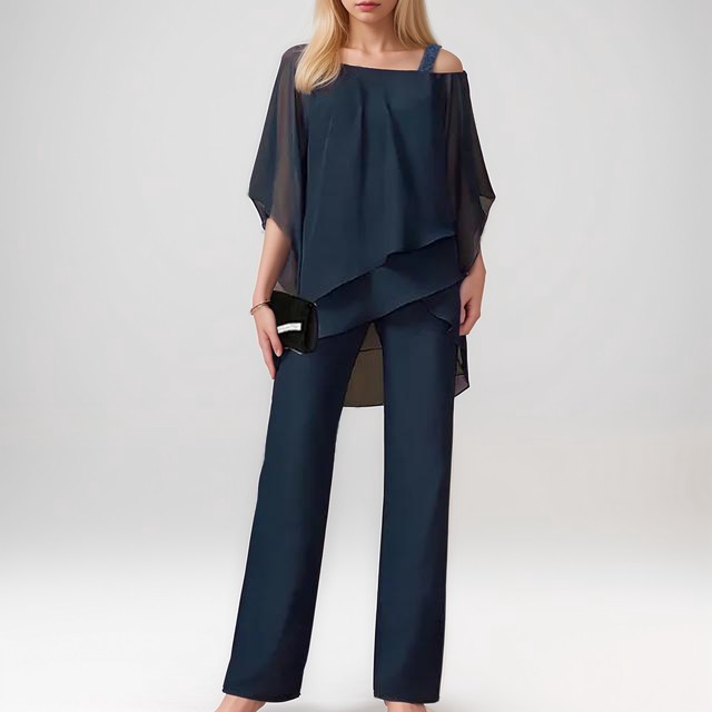 Women's Elegant Silk Pajama Set with Asymmetrical Top and Wide-Leg Pants
