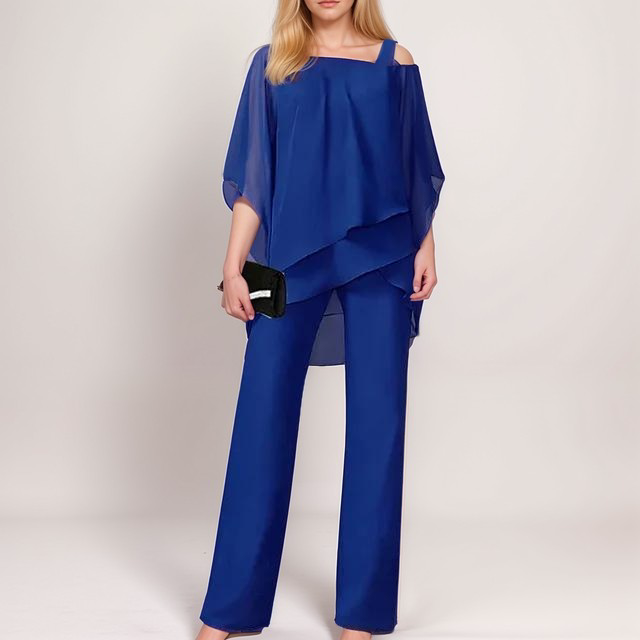 Women's Elegant Silk Pajama Set with Asymmetrical Top and Wide-Leg Pants