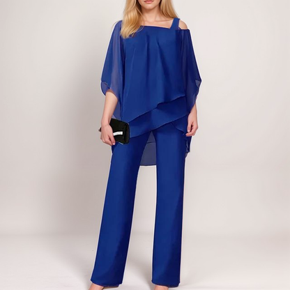 Women's Elegant Silk Pajama Set with Asymmetrical Top and Wide-Leg Pants