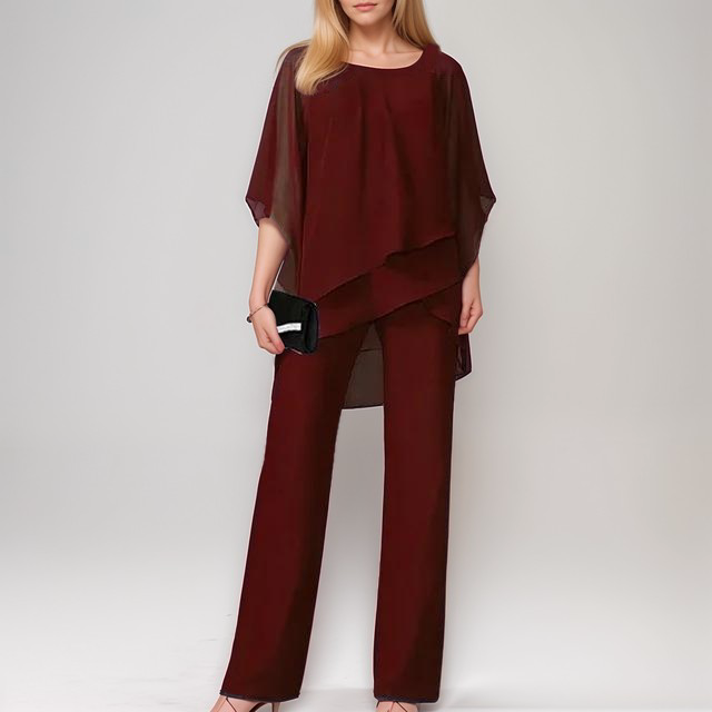 Women's Elegant Silk Pajama Set with Asymmetrical Top and Wide-Leg Pants