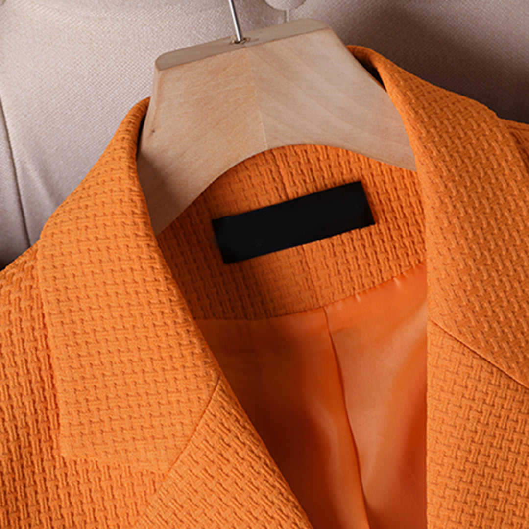 Women's Chic Orange Buttoned Pocket Blazer with Textured Fabric | Perfect for Casual Days