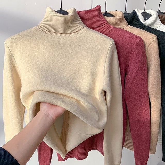 The colors identified in the image are:

- White (for the light-colored sweater)
- Red (for the maroon sweater)
- Black (for the dark sweater)
- Apricot (for the beige/tan sweater)