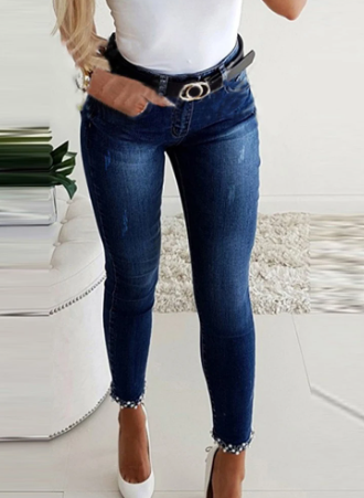 Women's Casual Beaded Slit Pearl Ribbon Skinny Jeans | Perfect for Casual Days