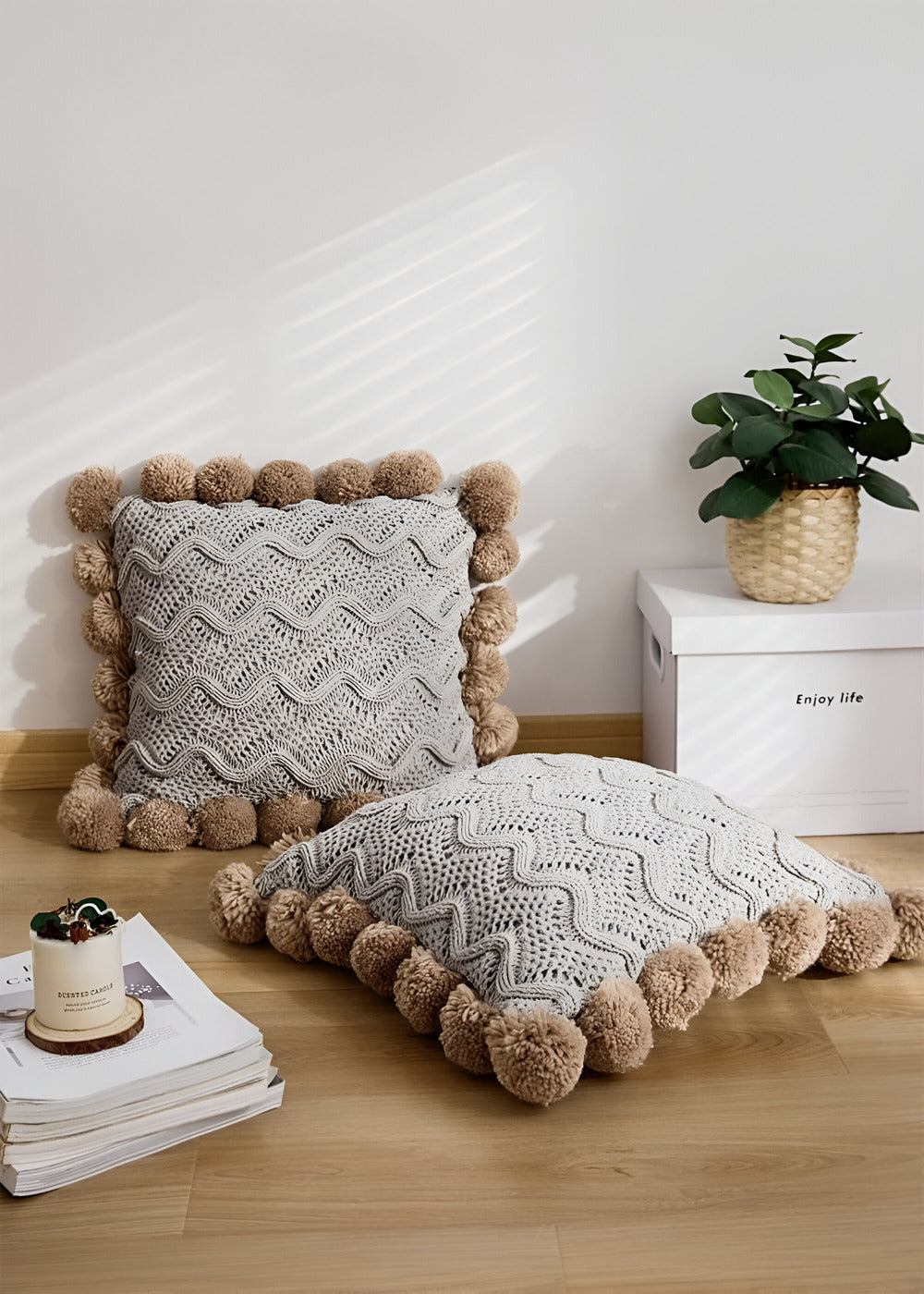 Decorative Cushion Cover with Pompom Knit Design 4
