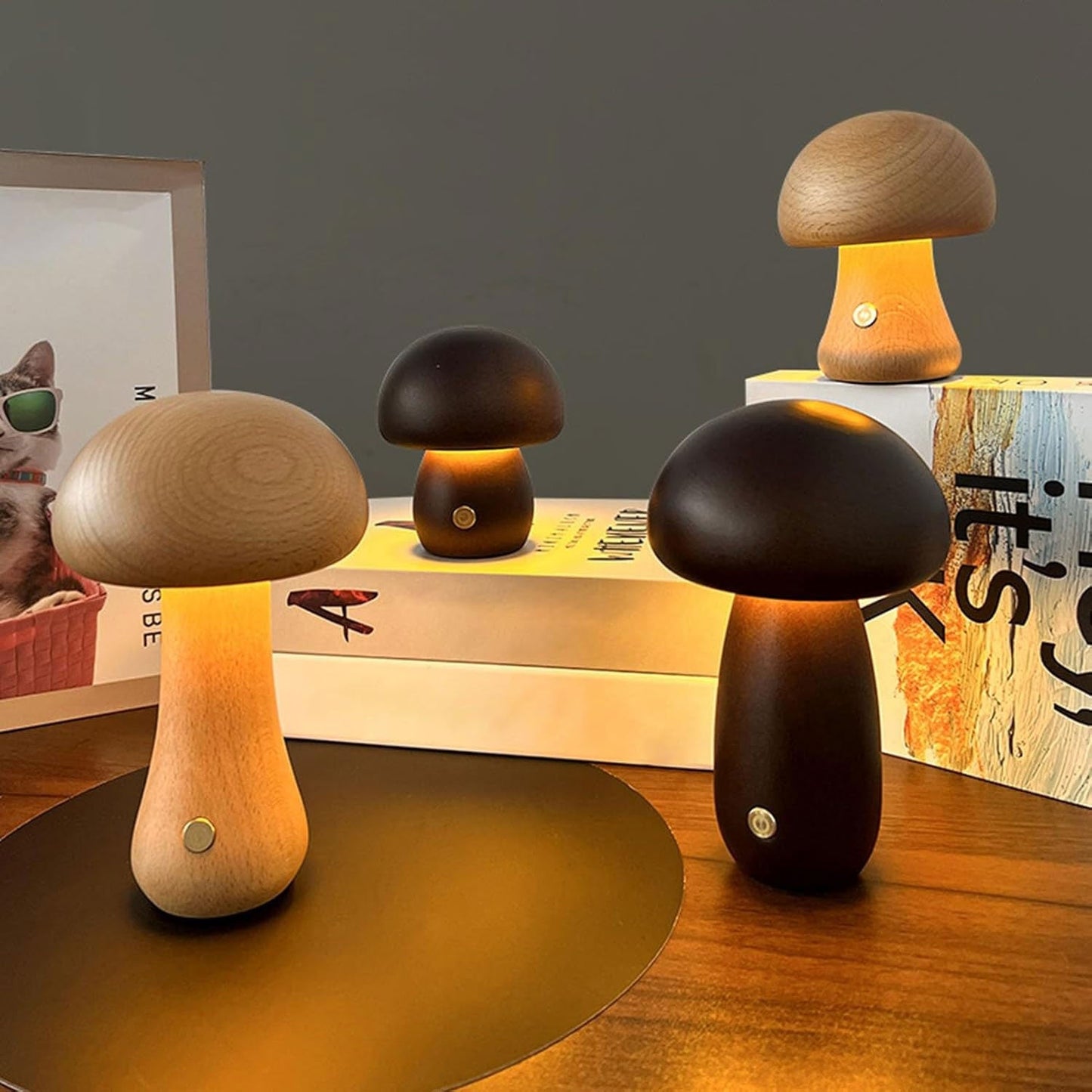 Dimmable LED Night Light – Wooden Mushroom Design with USB Charging 1