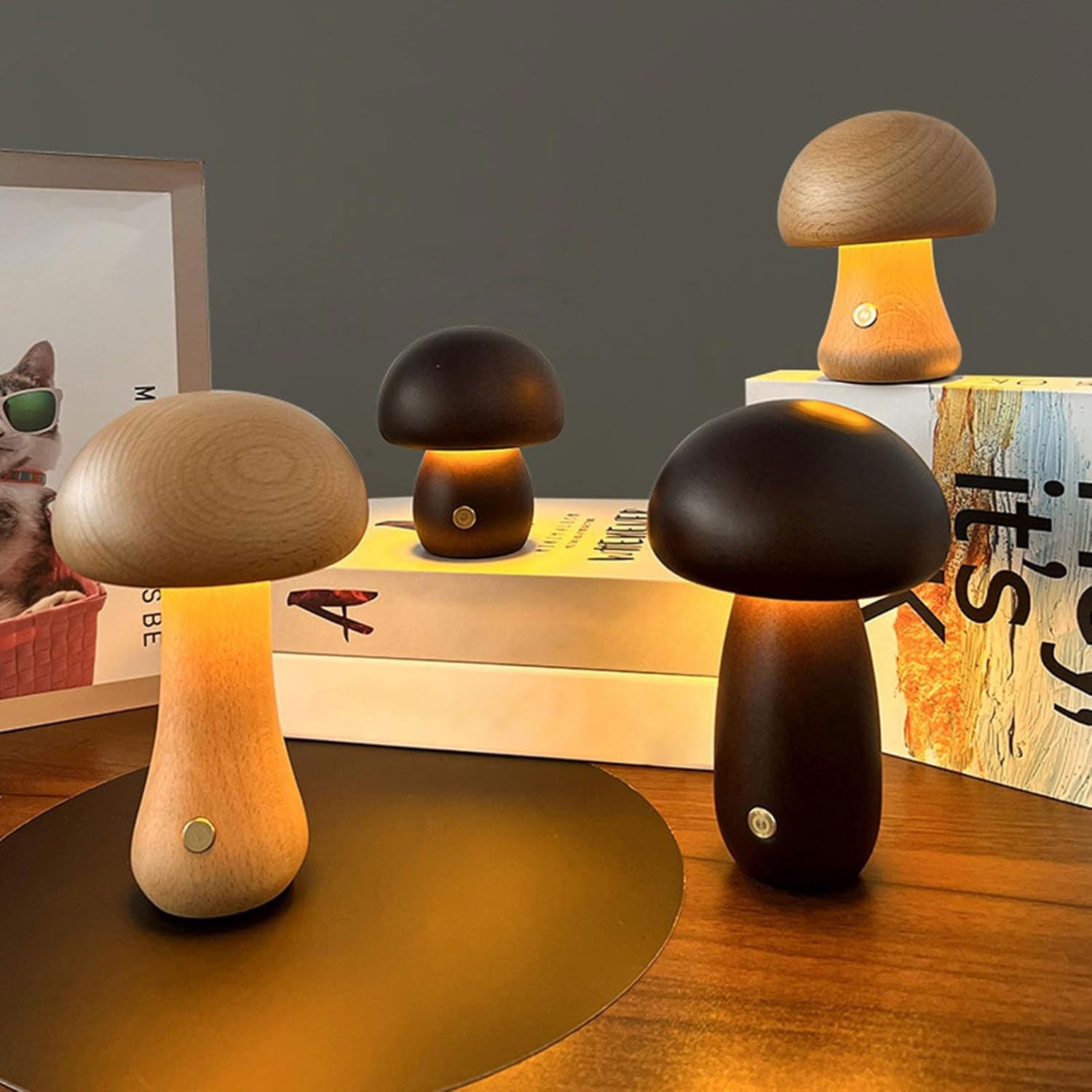 Dimmable LED Night Light – Wooden Mushroom Design with USB Charging 1