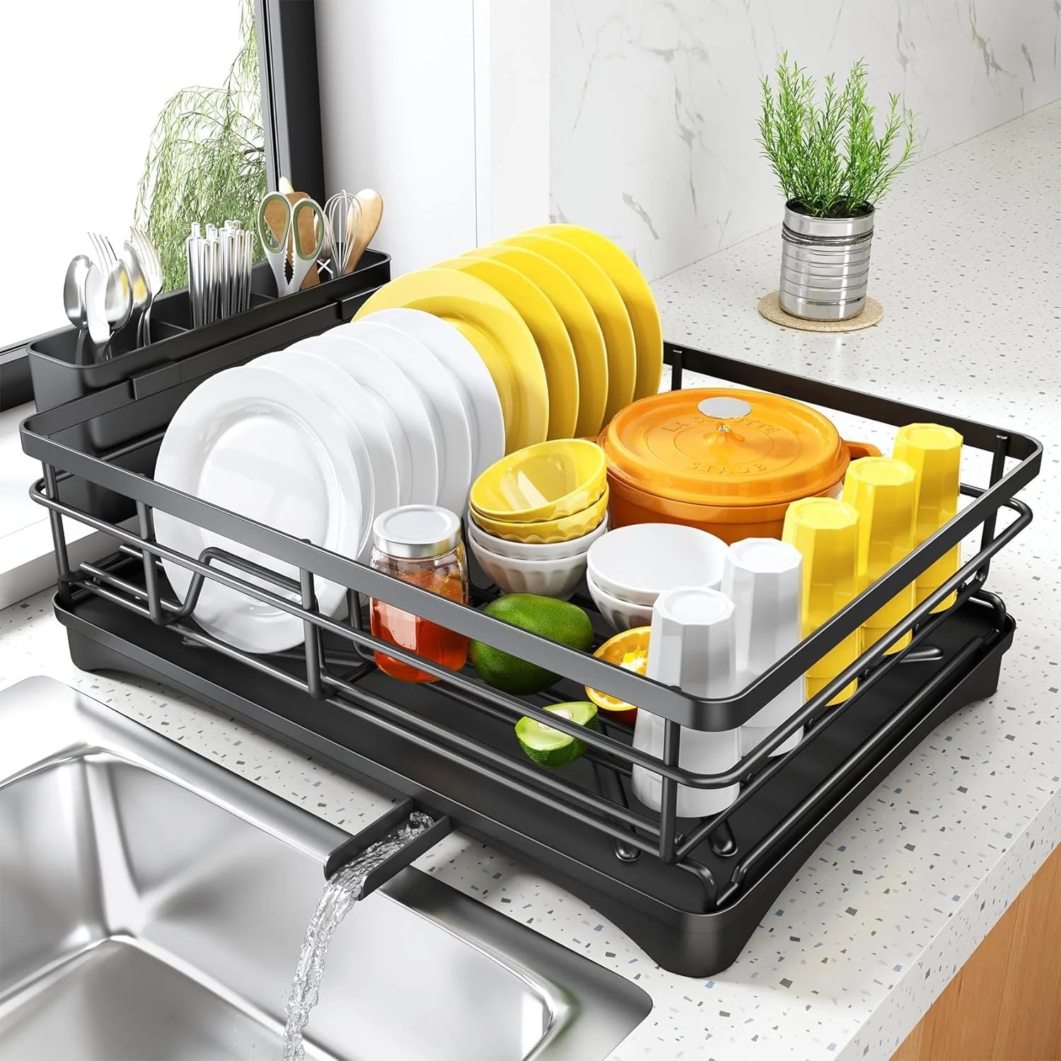 Dish Drying Rack – Angled Drainboard with 3-Slot Cutlery Holder 1
