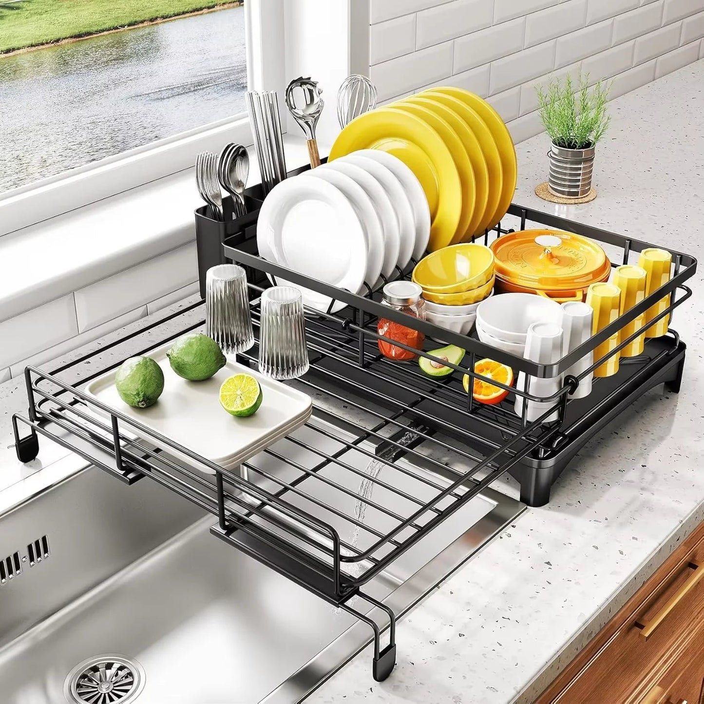 Dish Drying Rack – Angled Drainboard with 3-Slot Cutlery Holder 5