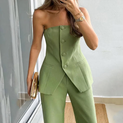 Women's Elegant Lightweight Tube Top Trouser Set with Flattering Fit