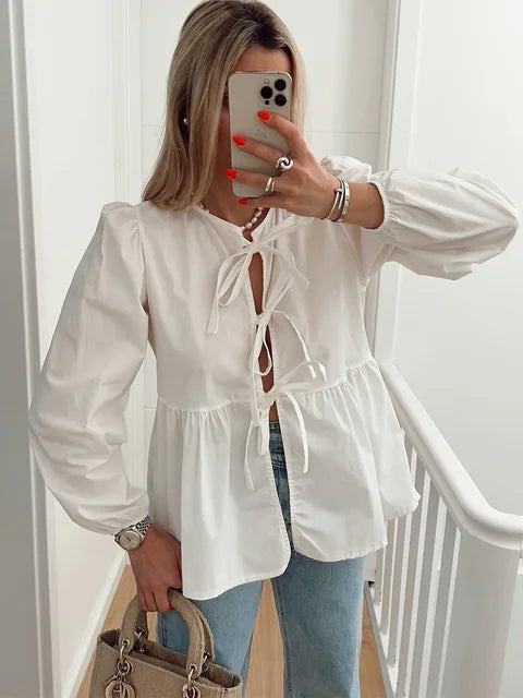 Women's Playful Stretchy Blouse with Puff Sleeves and Back Cut-Out Design
