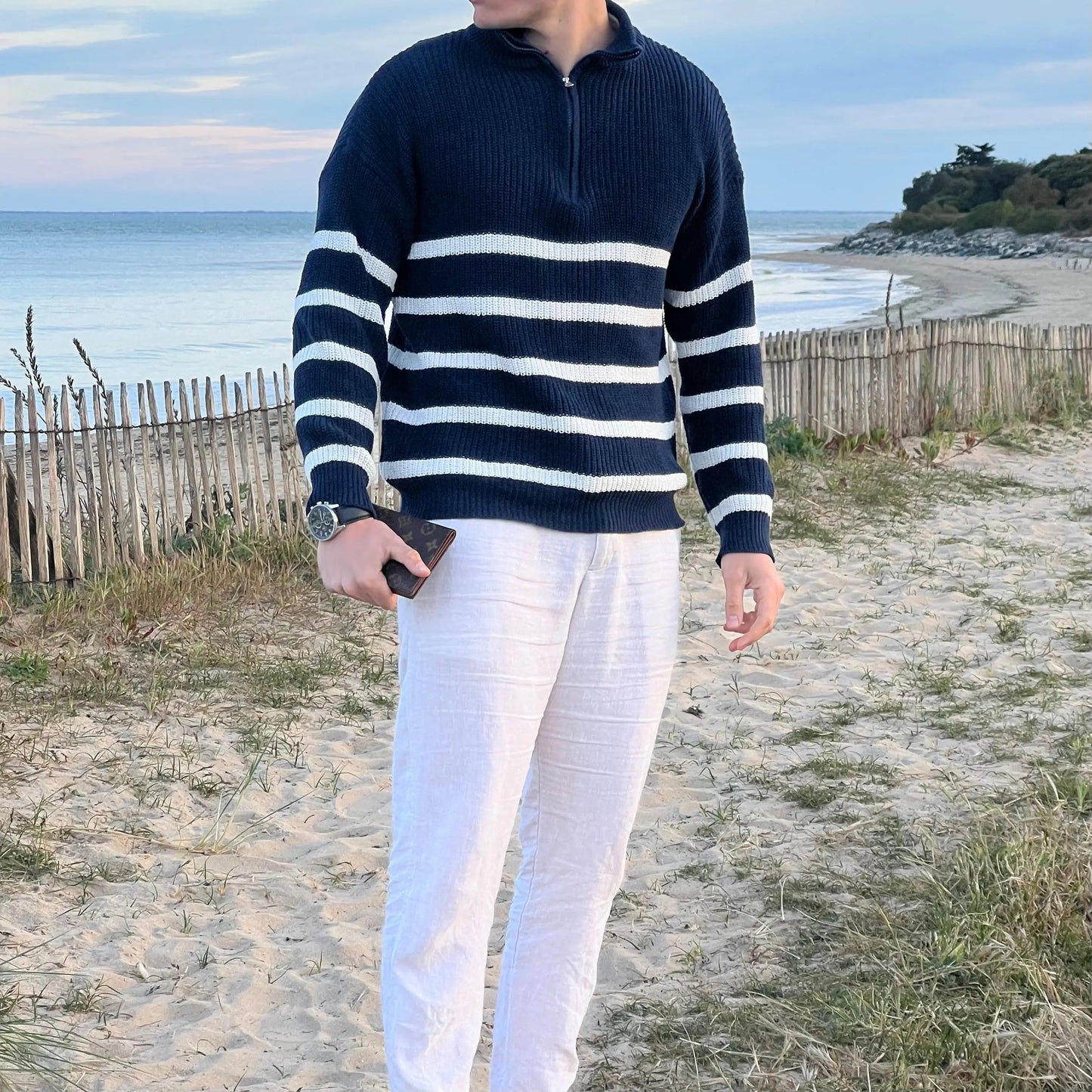 Men'z Cozy Blue Half-zip Knitted Jumper with Striped | Ideal for Winter