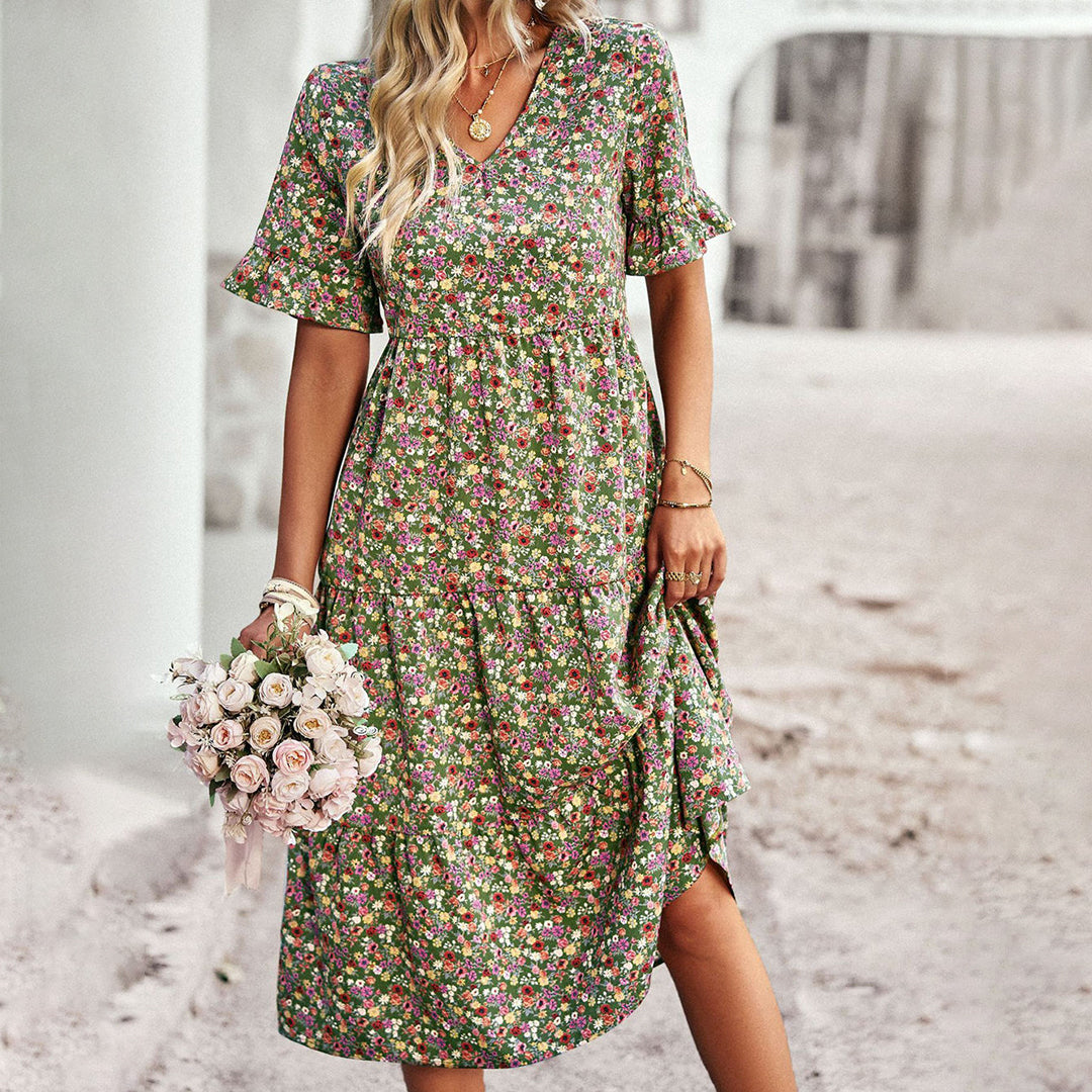 Women's Bohemian Lightweight Midi Dress with Flutter Sleeves and Floral Design