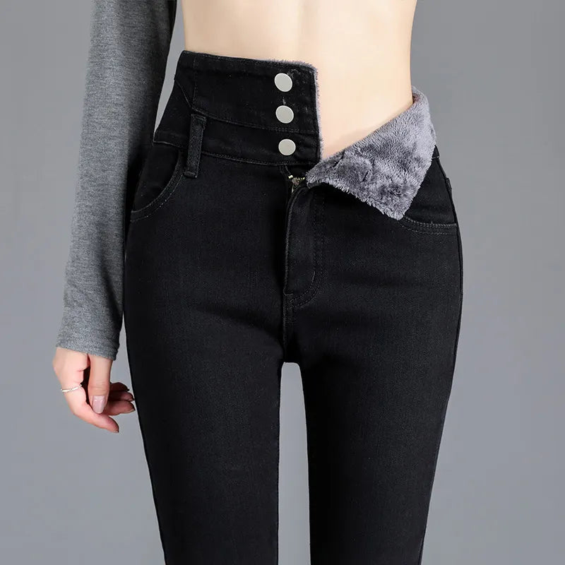 Women's Stretachable High-Waist Denim Jeans with Velvet Lining | Perfect for Casual Days