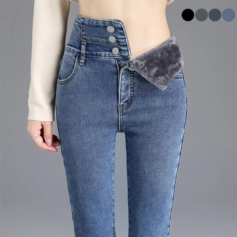 Women's Stretachable High-Waist Denim Jeans with Velvet Lining | Perfect for Casual Days