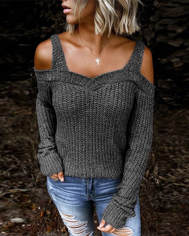 Women's Elegant Solid Sweater with Long Sleeves and Cut-Out | Ideal for Autumn/Winter