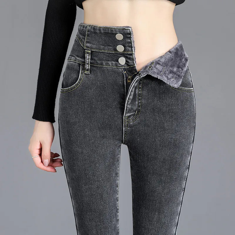 Women's Stretachable High-Waist Denim Jeans with Velvet Lining | Perfect for Casual Days