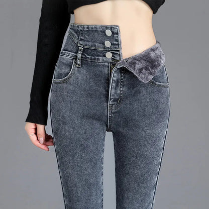 Women's Stretachable High-Waist Denim Jeans with Velvet Lining | Perfect for Casual Days