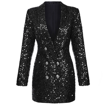 Women's Glamorous Sequined Black Blazer Dress with Buttons | Perfect for Casual days