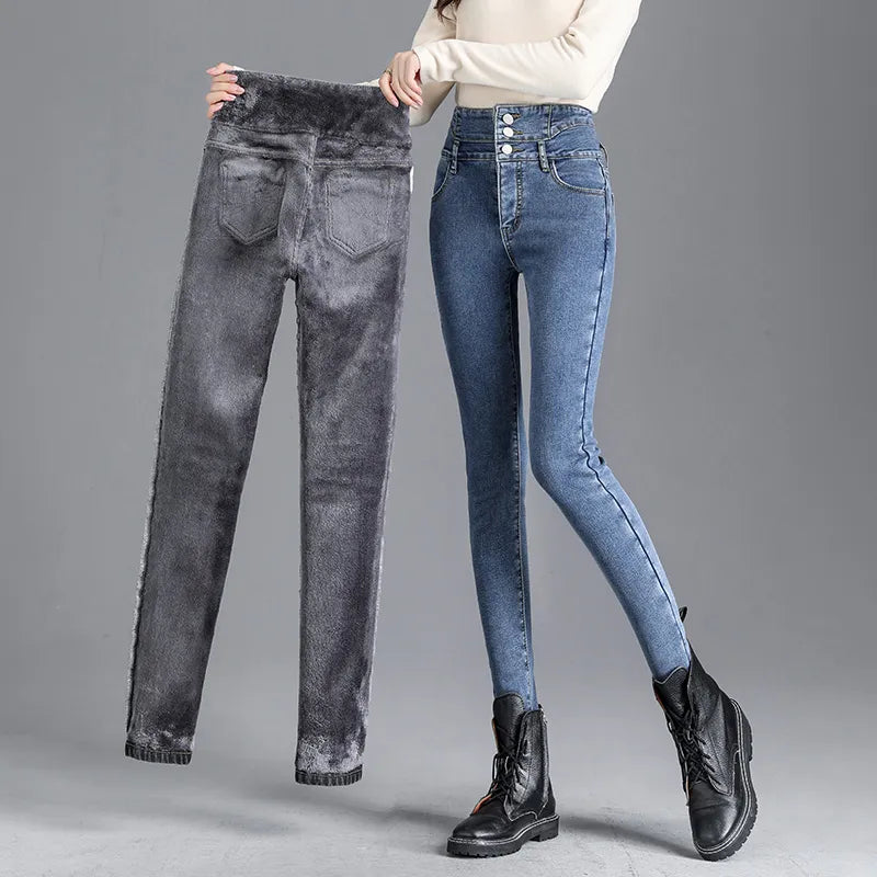 Women's Stretachable High-Waist Denim Jeans with Velvet Lining | Perfect for Casual Days