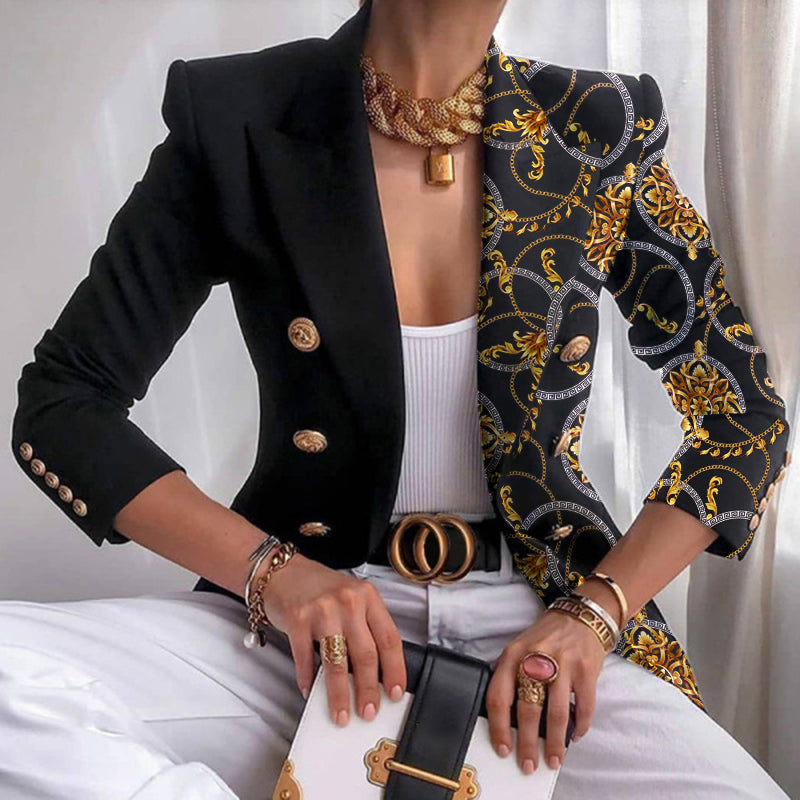 Women's Asymmetrical Blazer with Ornate Gold and Chain Print | Perfect for Casual Days