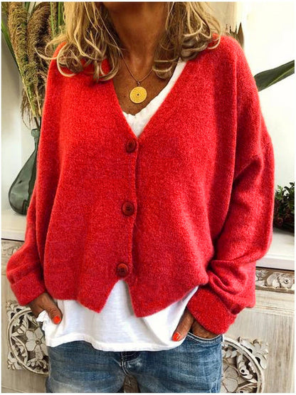 Women's Cozy Short Woolen V-neck Cardigan with Button | Ideal for Winter