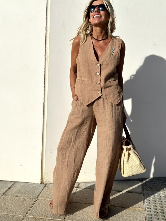 Women's Chic Summer Linen Vest and Pants Two piece Set in Brown | Ideal for Summer