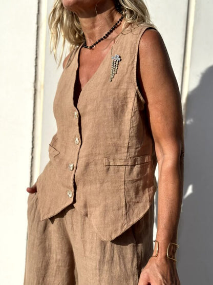 Women's Chic Summer Linen Vest and Pants Two piece Set in Brown | Ideal for Summer