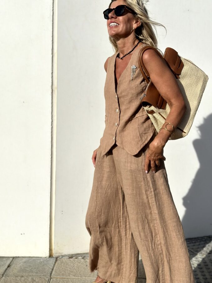 Women's Chic Summer Linen Vest and Pants Two piece Set in Brown | Ideal for Summer