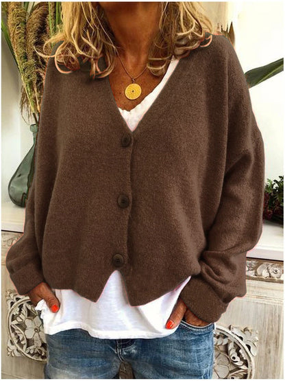 Women's Cozy Short Woolen V-neck Cardigan with Button | Ideal for Winter