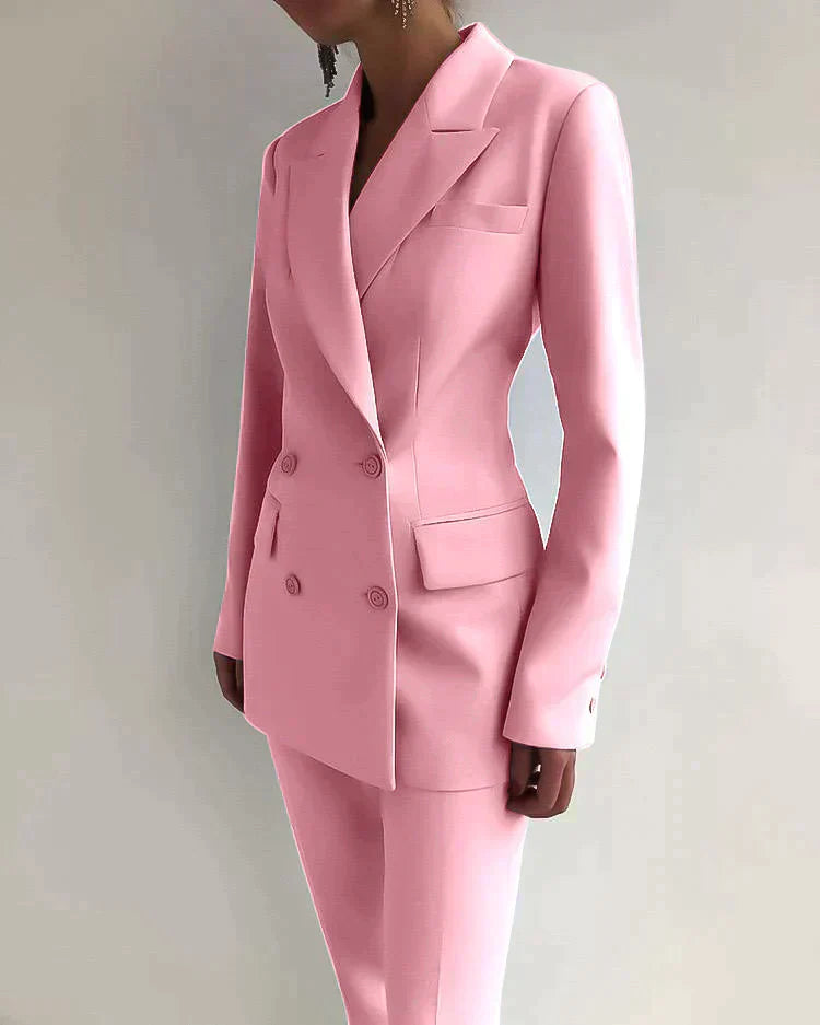 Women's Luxurious Solid Color Buttoned Pocket Blazer Set | Perfect for Casual Days