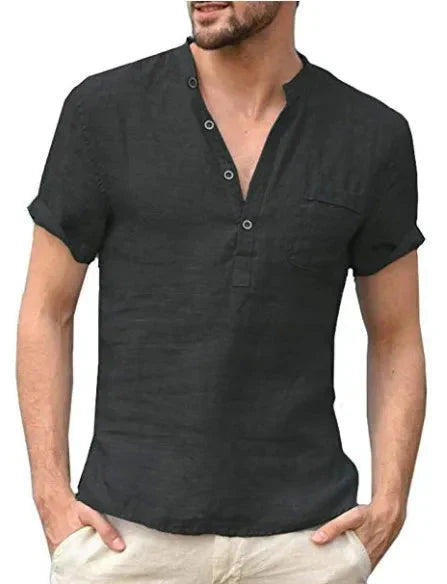 Men's Relaxed Linen Shirt with Short Sleeves and Button-Up Design