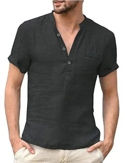 Men's Relaxed Linen Shirt with Short Sleeves and Button-Up Design