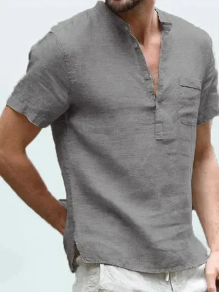 Men's Relaxed Linen Shirt with Short Sleeves and Button-Up Design