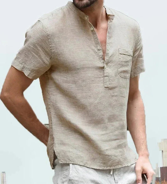 Men's Relaxed Linen Shirt with Short Sleeves and Button-Up Design