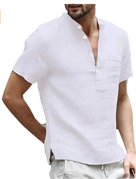 Men's Relaxed Linen Shirt with Short Sleeves and Button-Up Design