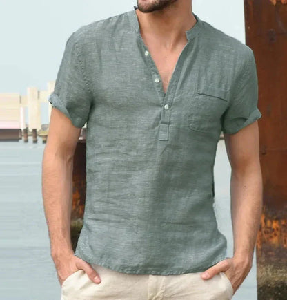 Men's Relaxed Linen Shirt with Short Sleeves and Button-Up Design