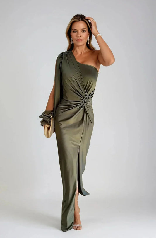 Women's Elegant Maxi Dress with One-Shoulder Design and Front Slit
