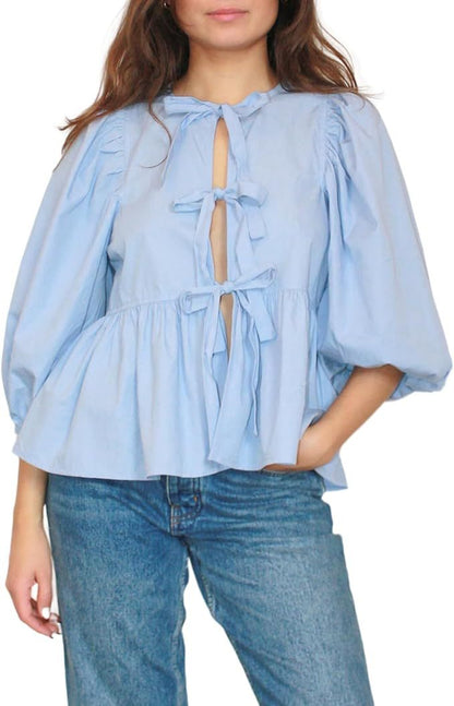Women's Playful Stretchy Blouse with Puff Sleeves and Back Cut-Out Design