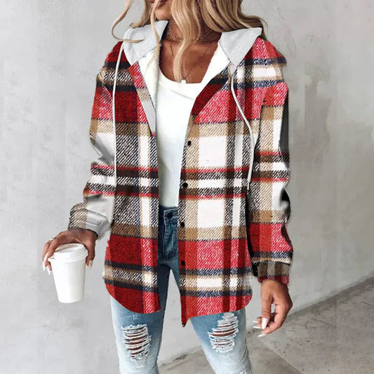 Women's Button-Up Jacket with Plaid Design