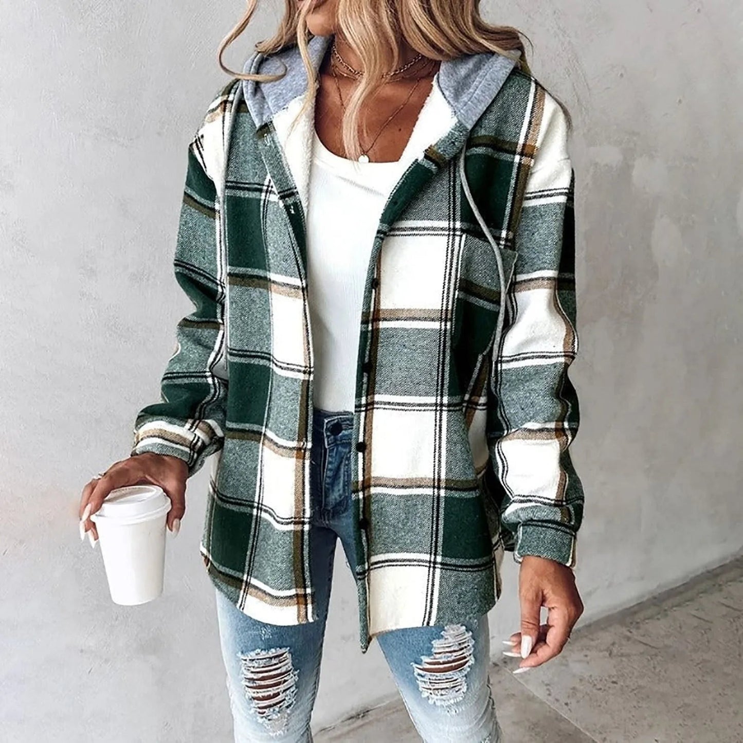 Women's Button-Up Jacket with Plaid Design